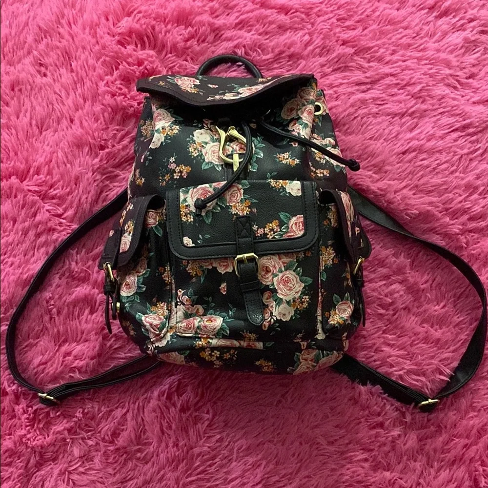 Floral Canvas Drawstring Backpack - Black with Pink Roses